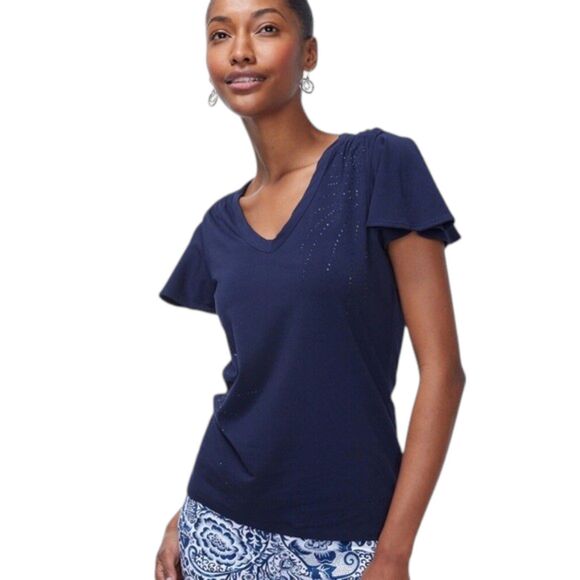Chico’s Touch of Cool Navy V-Neck Flutter Sleeve Embellished Top Size 3 (XL) - Picture 5 of 16